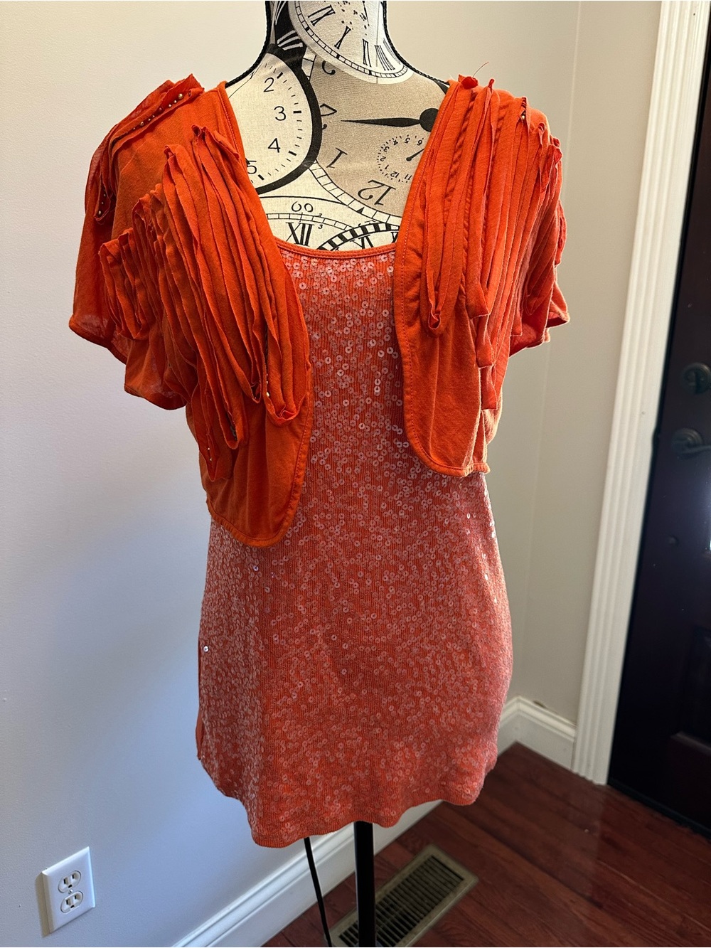 V Christina Orange Layered Sequin front
Tank with separate Draped Shrug